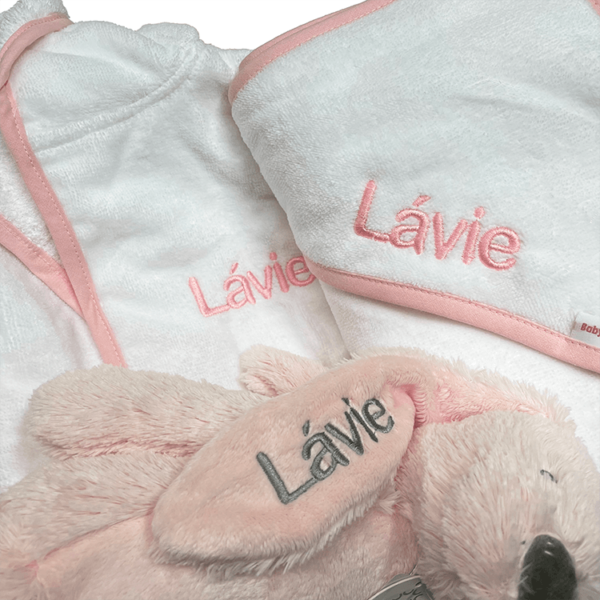 Personalised maternity gift: bathrobe & hooded towel with pink piping and a rabbit richie in pink by happy horse