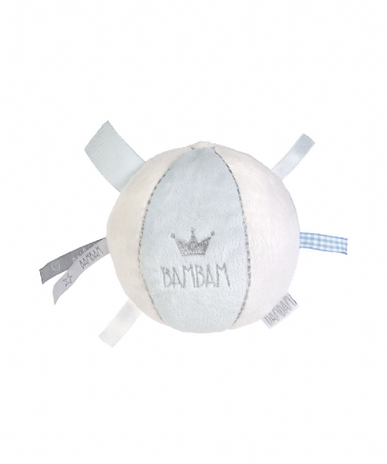 Ball with rattle and labels in blue/white, bambam