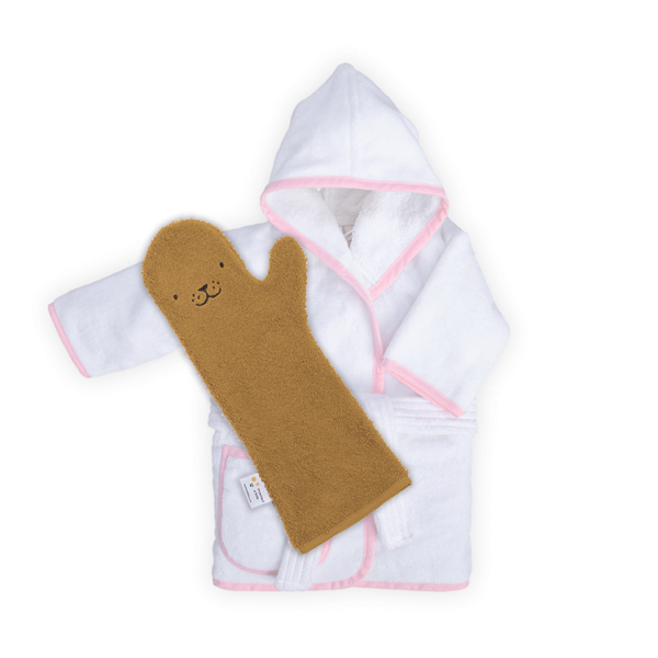 Witte badjas met roze bies met speciale showerglove naar keuze