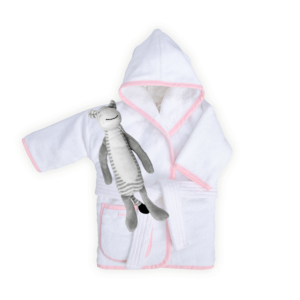 baby badjas met naam - Witte badjas met roze bies, met happy horse knuffeltje zebra zoro