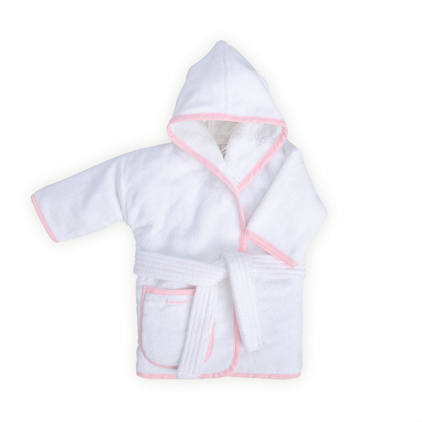 2 tot 6 maanden baby badjas, wit met een roze bies (mouw omgeslagen)