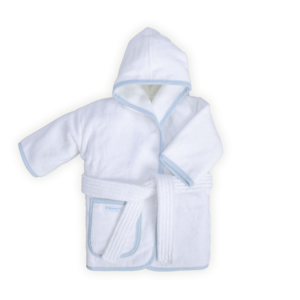 2 tot 6 maanden baby badjas, wit met een blauwe bies (mouw omgeslagen)
