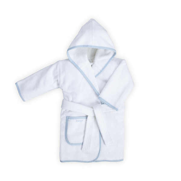 7 tot 12 maanden baby badjas, wit met een blauwe bies (mouw omgeslagen)