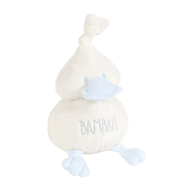 bambam duck cuddly toy in white with blue beak and feet