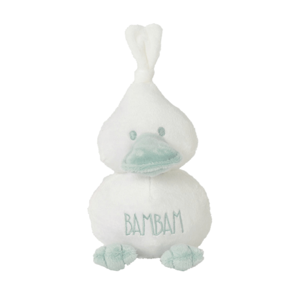 bambam duck cuddly toy in white with mint green beak and feet