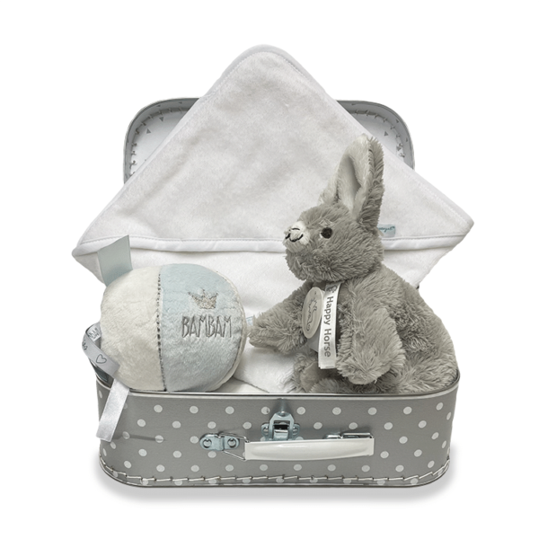 Zilver koffertje met witte badcape met naam, happy horse rabbit rio knuffel en een bambam bal met een rammeltje in blauw/wit