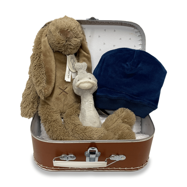 Bruin koffertje met hierin een lichtbruine Rabbit Richie, een grijze rammelaar en een donkerblauw mutsje