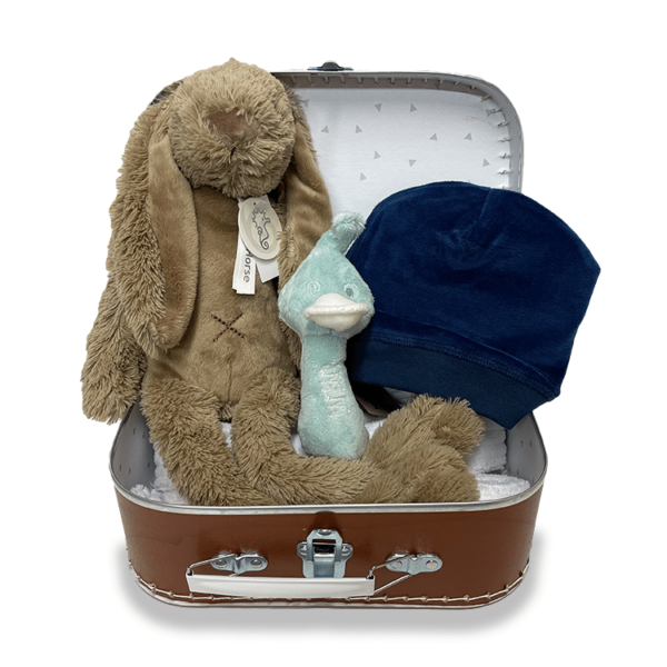 Bruin koffertje met hierin een lichtbruine Rabbit Richie, een mintgroene rammelaar en een donkerblauw mutsje