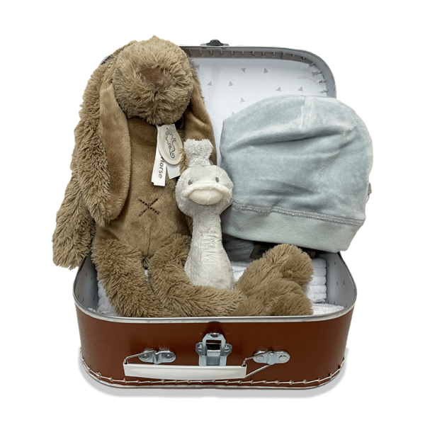 Bruin koffertje met hierin een lichtbruine Rabbit Richie, een grijze rammelaar en een grijs mutsje