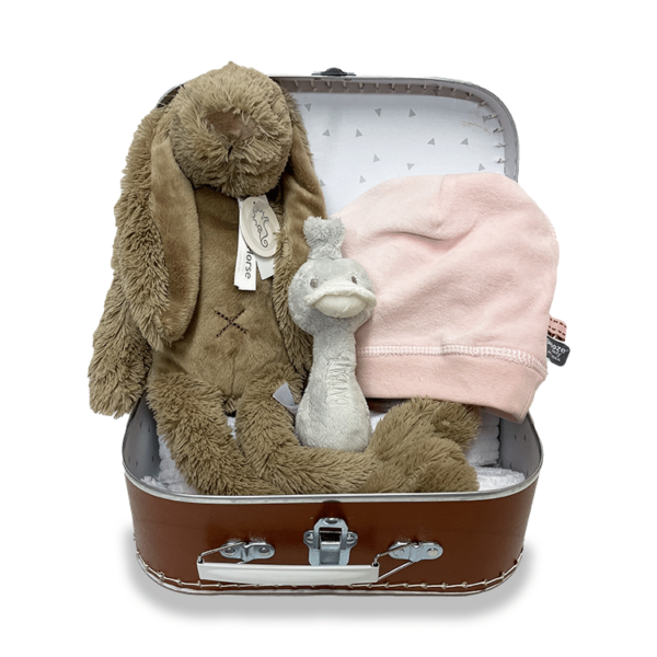 Bruin koffertje met hierin een lichtbruine Rabbit Richie, een grijze rammelaar en een roze mutsje