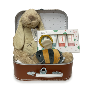 Koffertje in roestbruin, met hierin een gepersonaliseerde rabbit richie, een naif miniset en een little dutch trilfiguur 'bij'