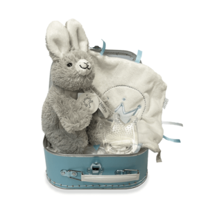 Blauw koffertje, happy horse rabbit rio knuffeltje, bambam knuffeldoekje wit/blauw, bambam btijring