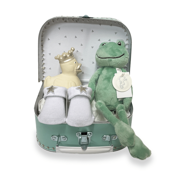 Klein mintgroen koffertje met knuffeltje frog flavio, badeend en sokjes