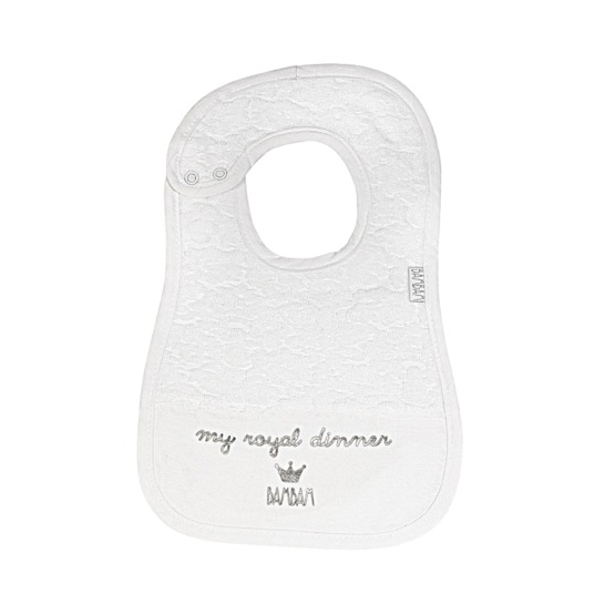 BamBam luxury white bib, with in silver 'my royal dinner' and buttons in the neck