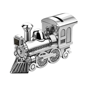 Silver plated money box in the shape of a locomotive